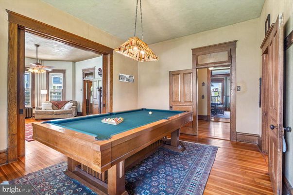 Billiard Table, Game Room, Interior, Pendant Lights, Wood Texture Flooring