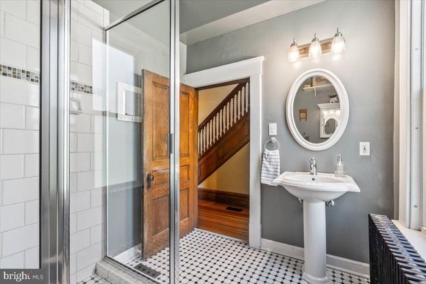 Bathroom, Glass Shower, Interior, Wood Texture Flooring