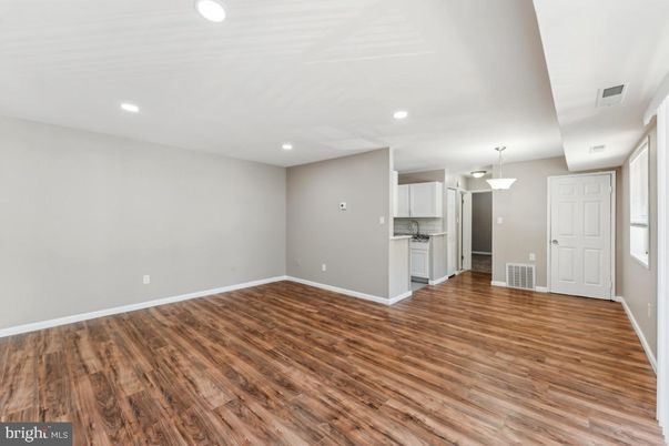 Empty room, Interior, Kitchen, Pendant Lights, Recessed Lighting, Wood Texture Flooring