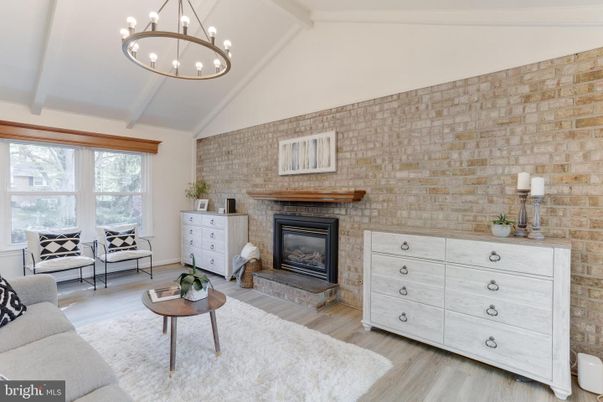 Fireplace, Interior, Living room, Pendant Lights, Stone Walls, Wood Texture Flooring