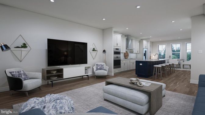 Dining room, Interior, Kitchen, Living room, Recessed Lighting, Stainless Steel Appliances, Wood Texture Flooring