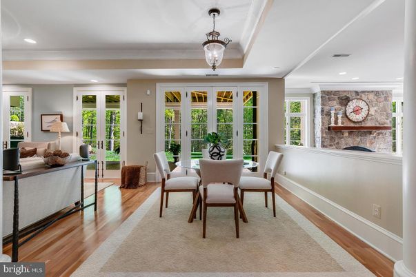 Dining room, Interior, Recessed Lighting, Stone Walls, Wood Texture Flooring