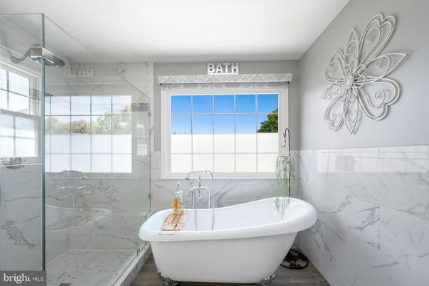 Bathroom, Free Standing Baths, Glass Shower, Interior, Marble Walls, Wood Texture Flooring