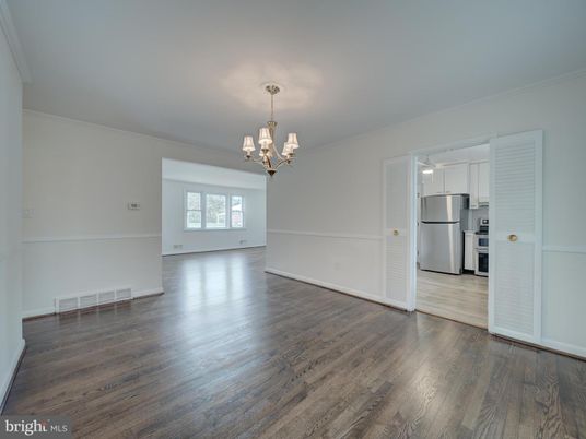 Chandelier, Empty room, Interior, Kitchen, Stainless Steel Appliances, Wood Texture Flooring