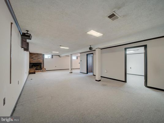 Empty room, Fireplace, Interior, Recessed Lighting, Stone Walls