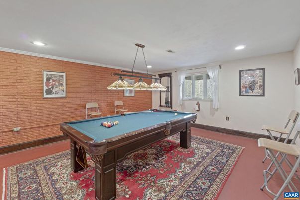 Billiard Table, Game Room, Interior, Pendant Lights, Recessed Lighting, Stone Walls
