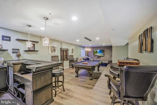 Billiard Table, Game Room, Interior, Pendant Lights, Recessed Lighting, Stone Walls, Wood Texture Flooring