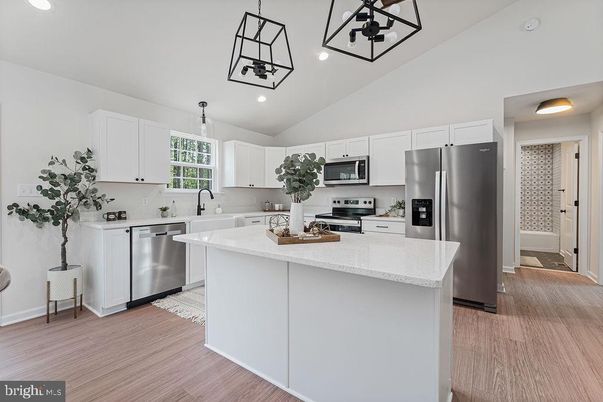 Interior, Kitchen, Pendant Lights, Recessed Lighting, Stainless Steel Appliances, Wood Texture Flooring
