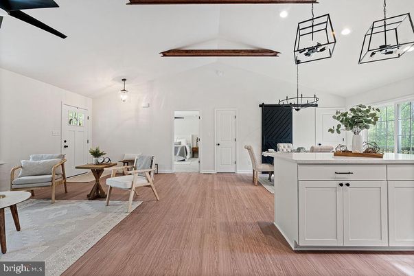 Dining room, Interior, Pendant Lights, Recessed Lighting, Wood Texture Flooring