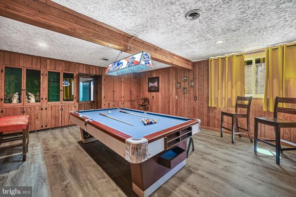 Billiard Table, Game Room, Interior, Recessed Lighting, Wooden Beams, Wood Texture Flooring, Wooden Walls