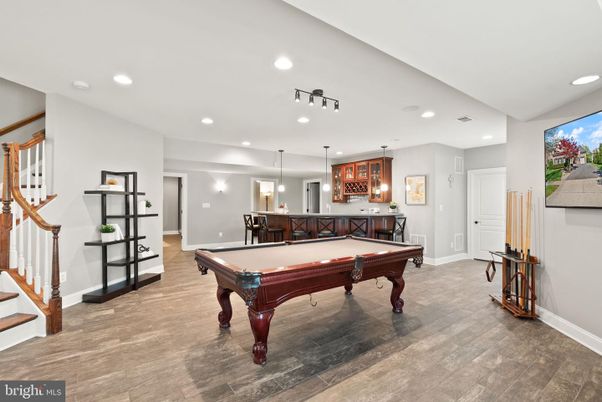 Billiard Table, Game Room, Interior, Pendant Lights, Recessed Lighting, Wood Texture Flooring