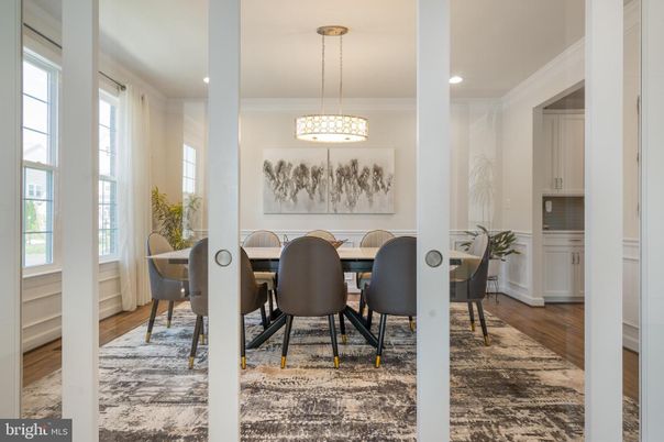 Dining room, Interior, Pendant Lights, Recessed Lighting, Wood Texture Flooring