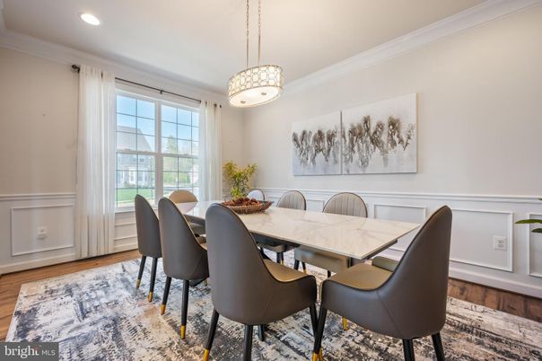 Dining room, Interior, Pendant Lights, Recessed Lighting, Wood Texture Flooring