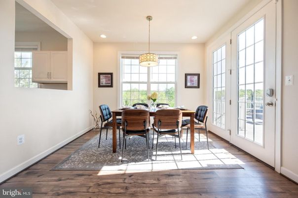 Dining room, Interior, Pendant Lights, Recessed Lighting, Wood Texture Flooring
