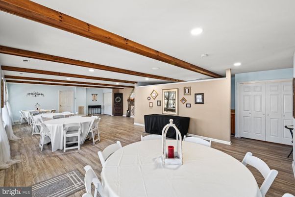 Dining room, Interior, Recessed Lighting, Wooden Beams, Wood Texture Flooring