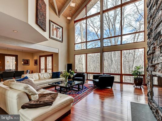 Fireplace, Interior, Living room, Pendant Lights, Recessed Lighting, Stone Walls, Wooden Beams, Wooden Ceilings, Wood Texture Flooring