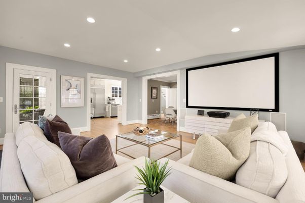 Interior, Living room, Projection Screen, Recessed Lighting, Wood Texture Flooring