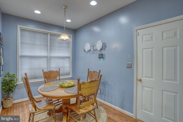 Dining room, Interior, Pendant Lights, Recessed Lighting, Wood Texture Flooring