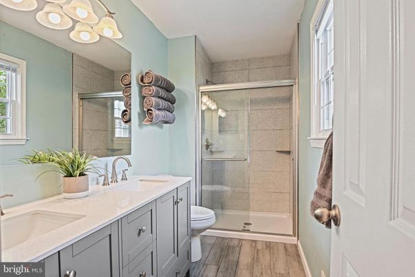 Bathroom, Dual Sink Vanities, Glass Shower, Interior, Wood Texture Flooring