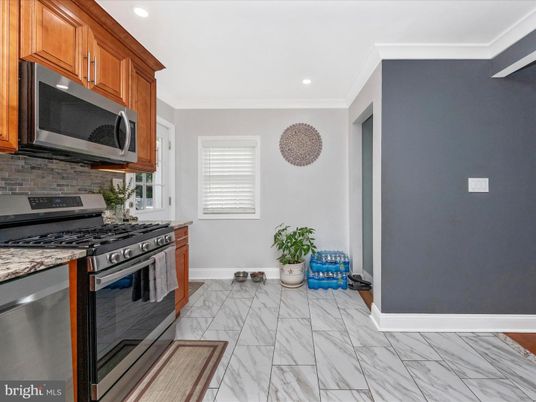 Interior, Kitchen, Marble, Recessed Lighting, Stainless Steel Appliances