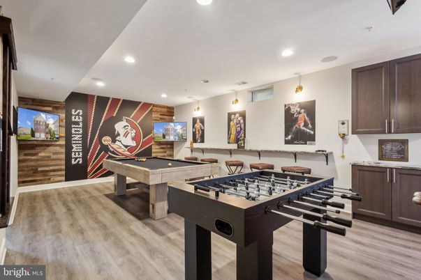 Billiard Table, Game Room, Interior, Pendant Lights, Recessed Lighting, Wood Texture Flooring