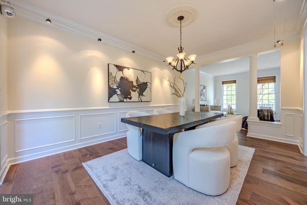 Chandelier, Dining room, Interior, Wood Texture Flooring