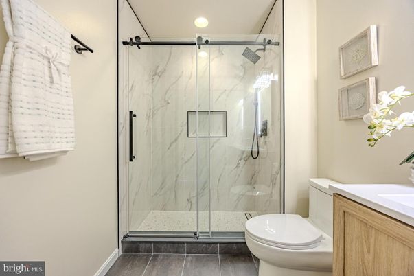 Bathroom, Glass Shower, Interior, Marble Walls, Recessed Lighting