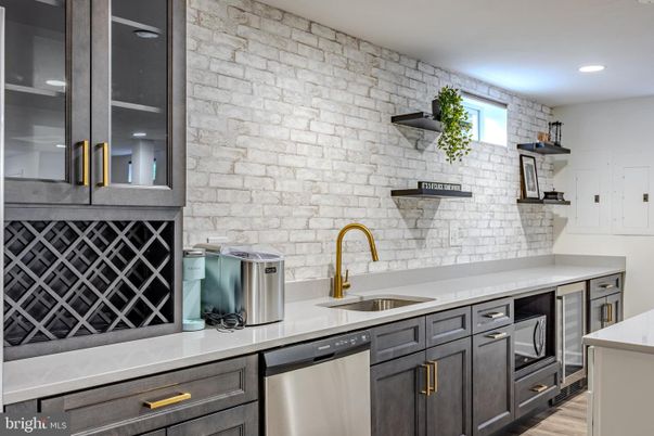 Interior, Kitchen, Recessed Lighting, Stainless Steel Appliances, Stone Walls, Wood Texture Flooring