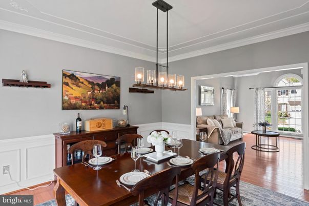 Dining room, Interior, Pendant Lights, Wood Texture Flooring