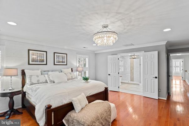 Bedroom, Chandelier, Interior, Recessed Lighting, Wood Texture Flooring