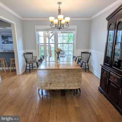 Chandelier, Dining room, Interior, Wood Texture Flooring