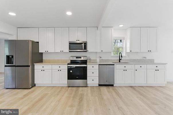 Interior, Kitchen, Recessed Lighting, Stainless Steel Appliances, Wood Texture Flooring