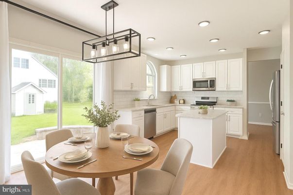 Dining room, Interior, Kitchen, Pendant Lights, Recessed Lighting, Stainless Steel Appliances, Wood Texture Flooring