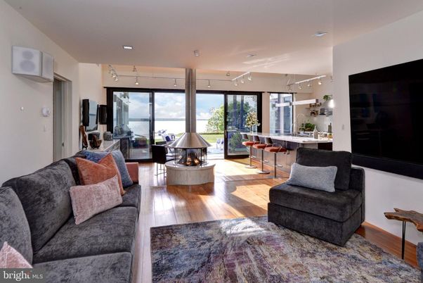 Dining room, Fireplace, Interior, Kitchen, Living room, Pendant Lights, Recessed Lighting, Wood Texture Flooring
