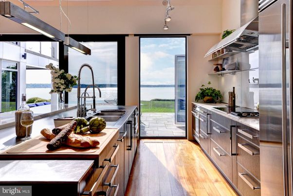 Interior, Kitchen, Stainless Steel Appliances, Water, Wood Texture Flooring