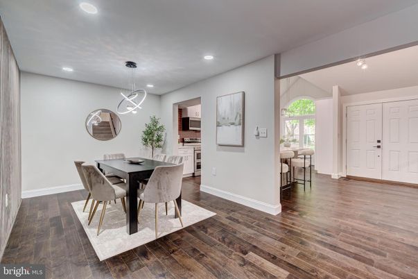 Dining room, Interior, Pendant Lights, Recessed Lighting, Wood Texture Flooring