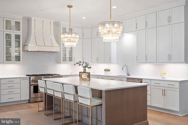 Chandelier, Interior, Kitchen, Recessed Lighting, Stainless Steel Appliances, Wood Texture Flooring