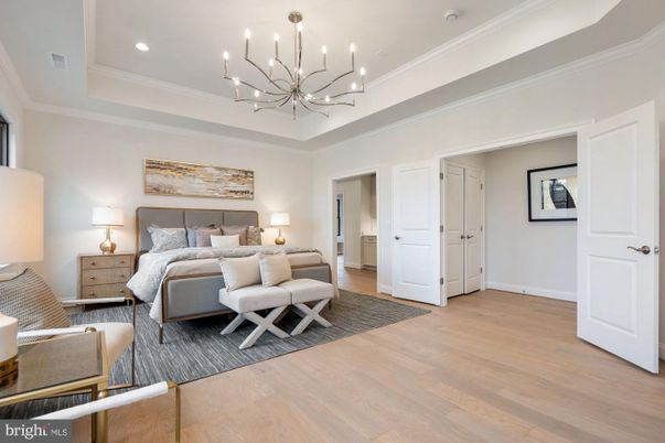 Bedroom, Chandelier, Interior, Recessed Lighting, Wood Texture Flooring