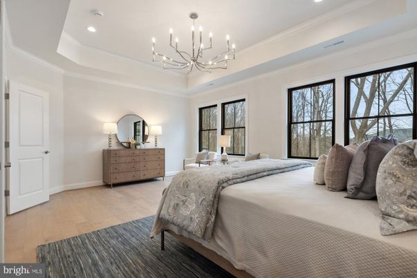 Bedroom, Chandelier, Interior, Recessed Lighting, Wood Texture Flooring