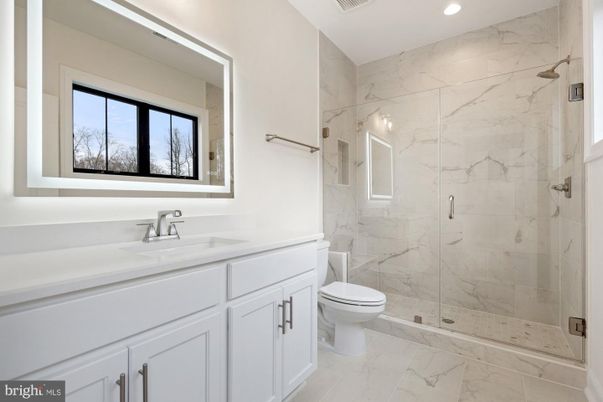 Bathroom, Glass Shower, Interior, Marble, Marble Walls, Recessed Lighting