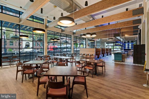 Dining room, Interior, Pendant Lights, Wooden Beams, Wood Texture Flooring
