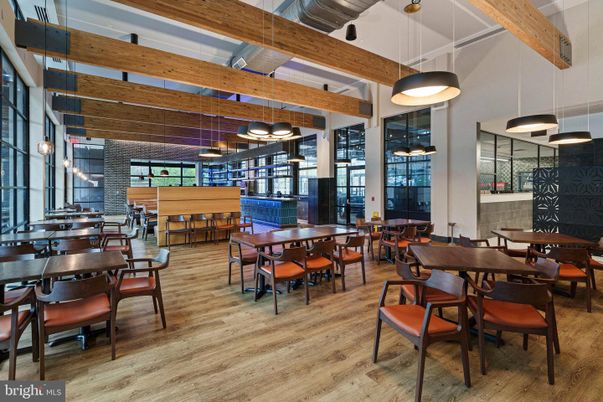Dining room, Interior, Pendant Lights, Wooden Beams, Wood Texture Flooring