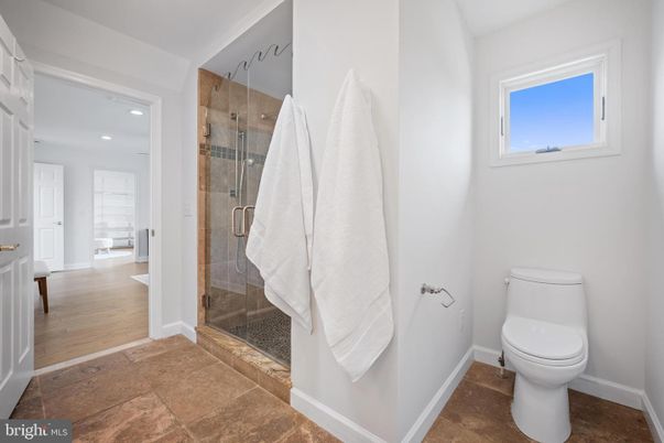 Bathroom, Glass Shower, Interior, Recessed Lighting, Wood Texture Flooring