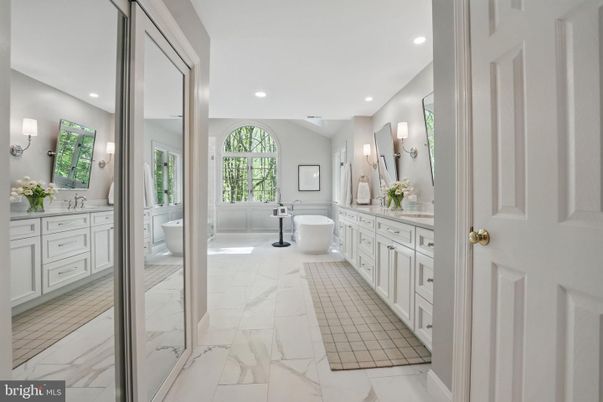 Bathroom, Dual Sink Vanities, Free Standing Baths, Interior, Marble, Recessed Lighting