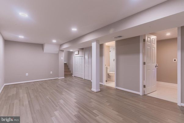 Bathroom, Empty room, Interior, Recessed Lighting, Wood Texture Flooring