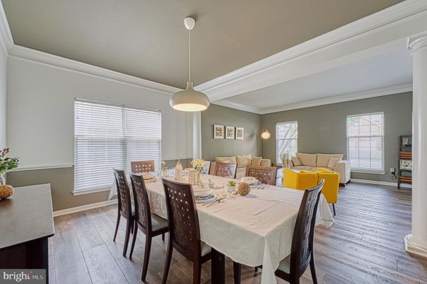 Dining room, Interior, Living room, Pendant Lights, Wood Texture Flooring