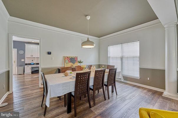 Dining room, Interior, Pendant Lights, Wood Texture Flooring