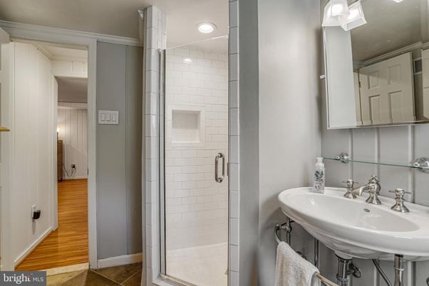 Bathroom, Glass Shower, Interior, Recessed Lighting, Wood Texture Flooring