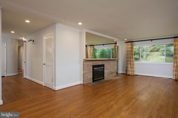 Empty room, Fireplace, Interior, Recessed Lighting, Wood Texture Flooring