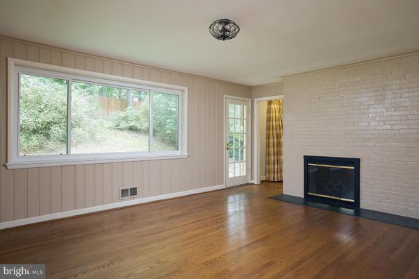 Empty room, Fireplace, Interior, Stone Walls, Wood Texture Flooring